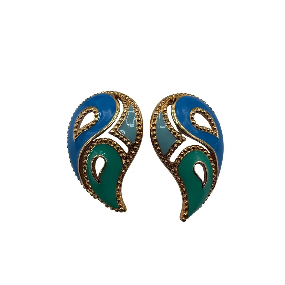 Avon OS Blue Earrings Women's‎ 90s Paisley Enamel Gold Tone Studs